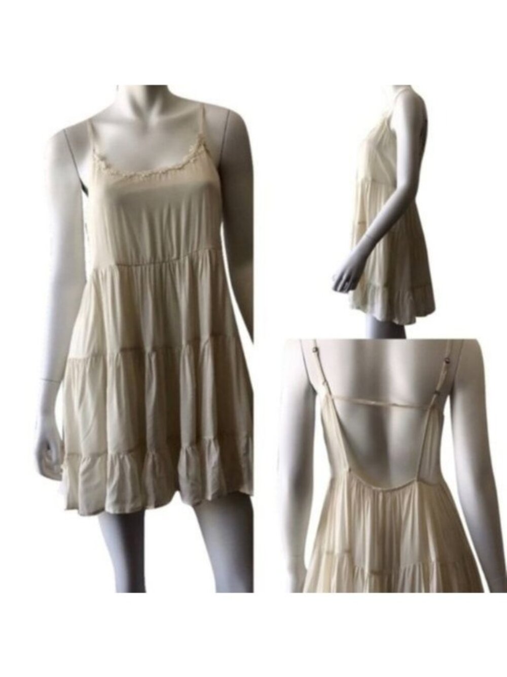 Hem & Thread Cream Tiered Mini Dress Adjustable Straps